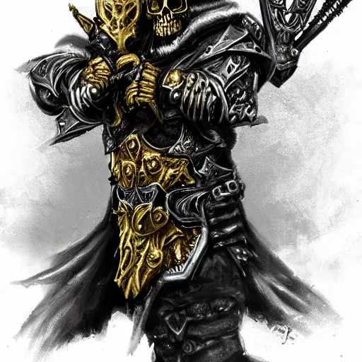 Prompt: lich king wearing black and gold armor with skulls and chains, holding a two handed sword with golden handle, wearing spiked crown helmet with skull mask concept art artstation