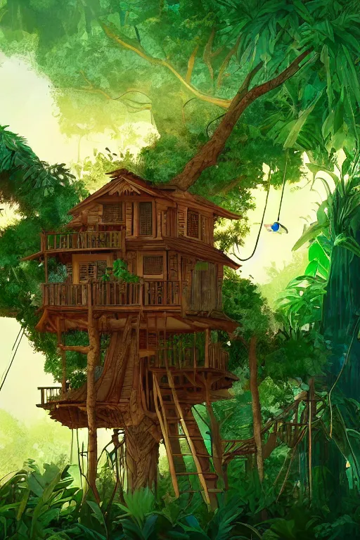 Image similar to a tree house in the jungle, sunshine, by alba ballesta gonzalez and moebius. 4 k wallpaper, digital flat 2 d, japan animation, comic book, illustration, cinematic lighting, smooth sharp focus.