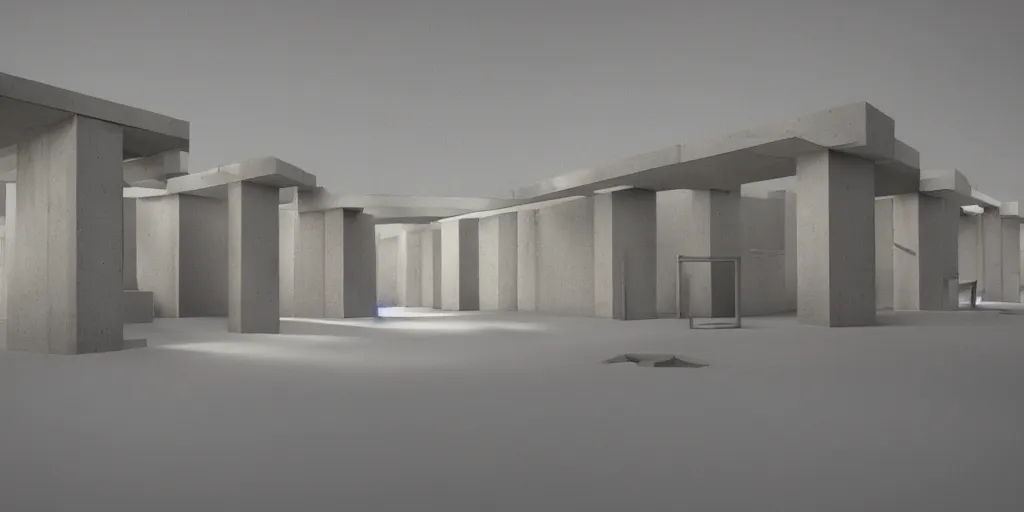 Image similar to 3 d octane model of a brutalism art gallery, highly detailed