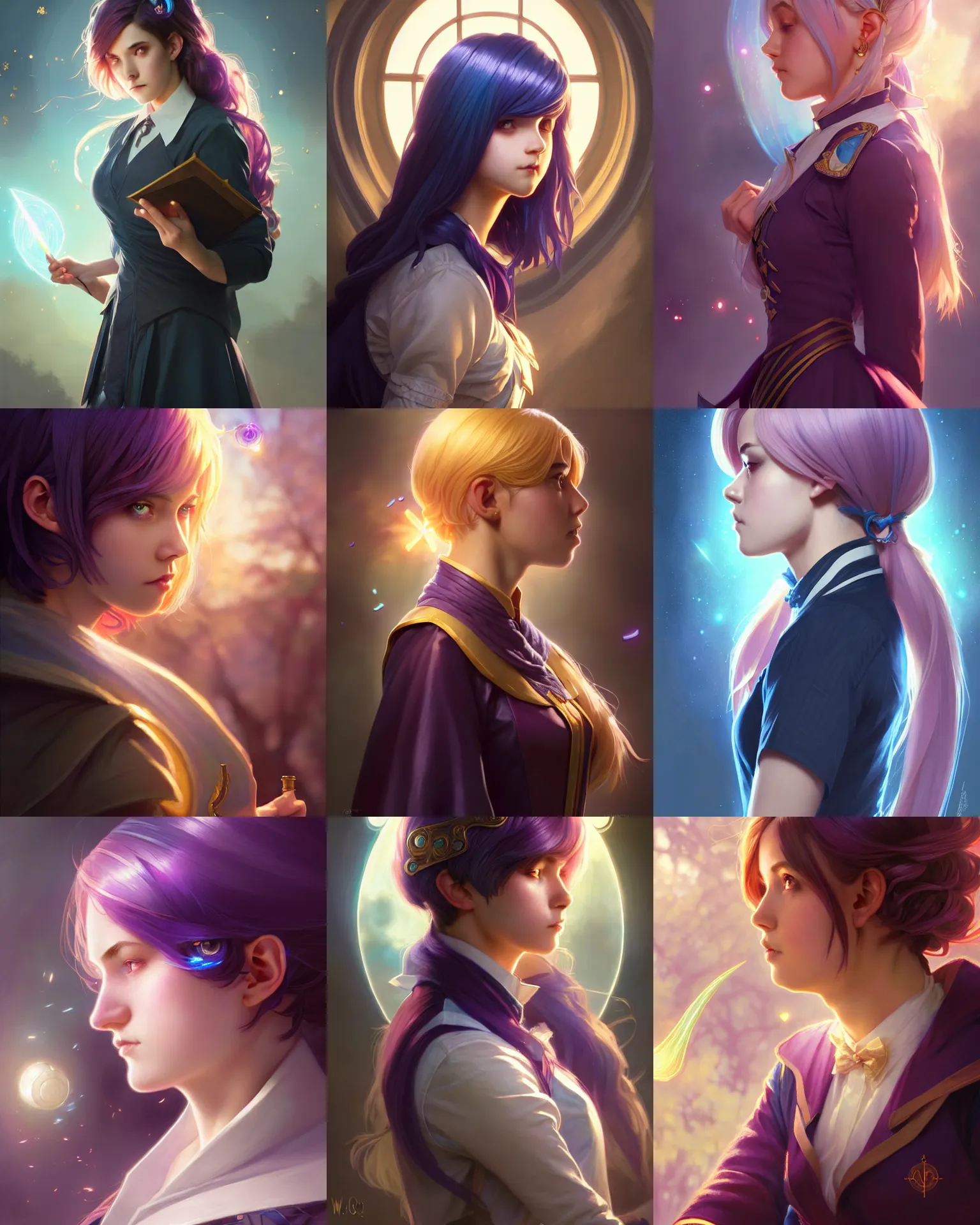 Prompt: side portrait of a young adult college female, magic uniform university, coloured hair, short hair, fantasy building, intricate, sharp focus, lens flare, bloom, rim light, illustration, highly detailed, digital painting, concept art, matte, art by wlop and artgerm and greg rutkowski and alphonse mucha, masterpiece