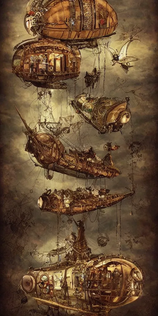 Image similar to a vintage steampunk living airship by alexander jansson and where's waldo and leonardo da vinci