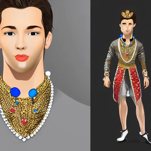 Prompt: a character model design of a handsome and charming young man wearing excessive jewelry in an ornate and elegant way