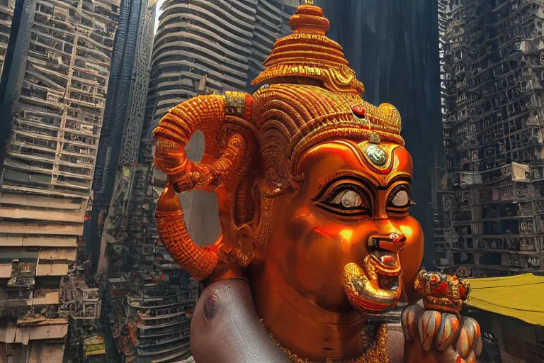 Image similar to high quality 3 d cyberpunk biomorphic hanuman head building in the middle of mumbai!!, kalighat highly detailed, cinematic smooth, stephen shore & john j. park, soft morning light, wide shot, high angle, uhd 8 k, deep focus