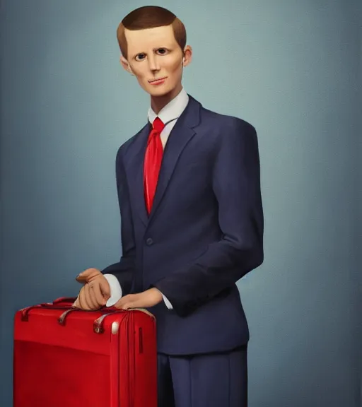 Image similar to skinny pale man with short hair combed backwards, wearing a blue suit and a red tie, holding a suitcase in one hand. dark background, rim lighting. symmetric, realistic painting