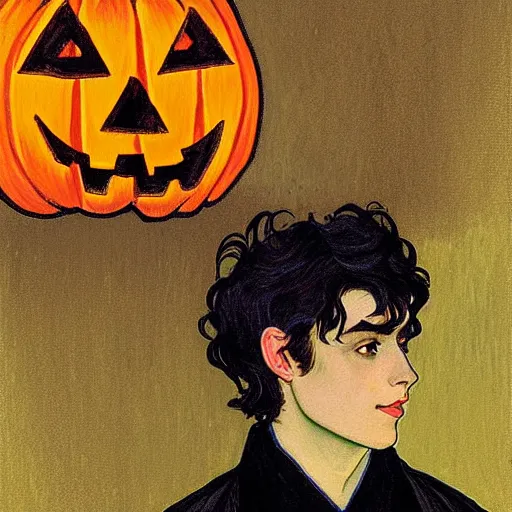 Image similar to painting of young cute handsome beautiful dark medium wavy hair man in his 2 0 s named shadow taehyung and cute handsome short dark hair man together at the halloween jack o lantern pumpkin party, autumn colors, elegant, clear, painting, stylized, delicate, soft facial features, delicate facial features, soft art, art by alphonse mucha, vincent van gogh, egon schiele