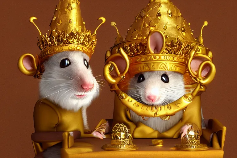 Image similar to 3 d render of a rat character who is a king, wearing golden crown, siiting on the throne highly detailed octane render, artstation, surrealism, pixar