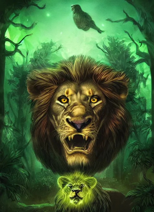 Prompt: portrait of a mythological beast with lion body and bird wings in the middle of a lush forest at night. diffuse neon light, dramatic landscape, fantasy illustration, matte painting