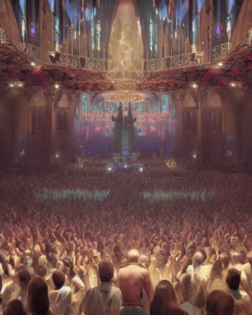 Image similar to craig mullins digital matte art of a crowd in a futuristic church, priest, pews, ethereal, inviting, bright, unreal engine, hyper realism, realistic shading, cinematic composition, realistic render, octane render, detailed textures, photorealistic, wide shot
