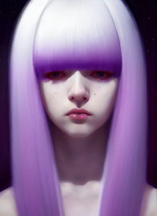 Image similar to hair whitebangs hair, black hair, whitebangs, portrait of teenage girl with white bangs, red irises, purple clothes, white bangs, bangs are different color from hair, intricate, elegant, glowing lights, highly detailed, digital painting, artstation, concept art, smooth, sharp focus, illustration, art by wlop, mars ravelo and greg rutkowski