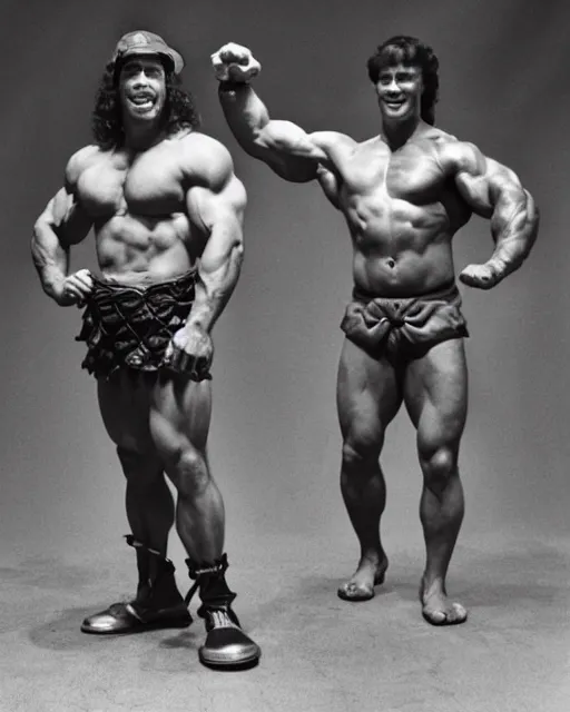 Prompt: young Steve Reeves dressed as Hercules and young Arnold Schwarzenegger dressed as Conan pose for Annie Leibovitz, Studio Lighting Hyperreal