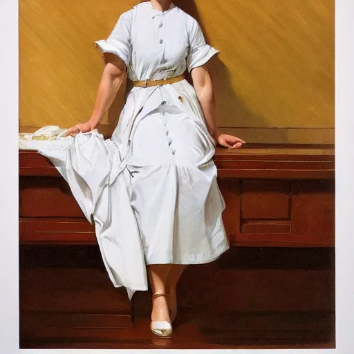 Image similar to epic portrait an nurse in a white dress and short sleeves, beautiful, shiny skin, wet flowing hair, made by j. c. leyendecker