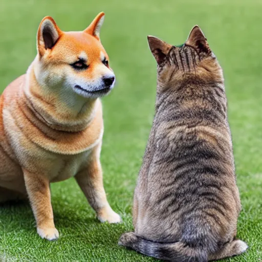 Prompt: A cross between a Shiba Inu and a Tabby Cat, photograph