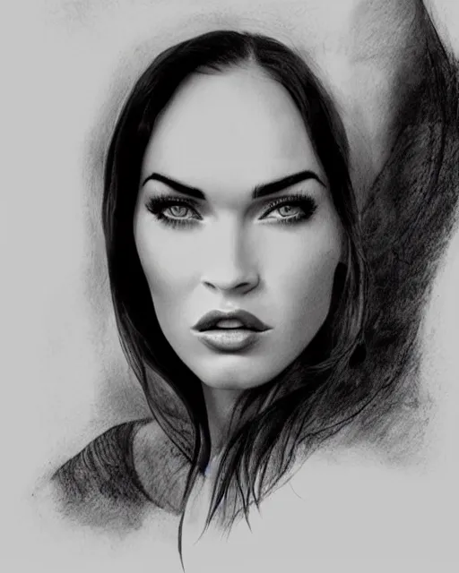 Image similar to megan fox face mash up with beautiful mountains, in the style of dan mountford, tattoo sketch, double exposure, hyper realistic, amazing detail, black and white