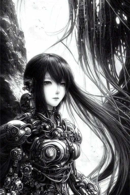 Image similar to a vertical portrait of a character in a scenic environment by Yoshitaka Amano, black and white, dreamy, cybernetic armor, wavy long black hair, highly detailed