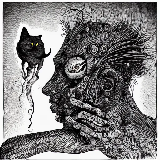 Prompt: grunge cartoon vector sketch of a human mixed with a cat by - zdzisław Beksiński, loony toons style, horror theme, detailed, elegant, intricate