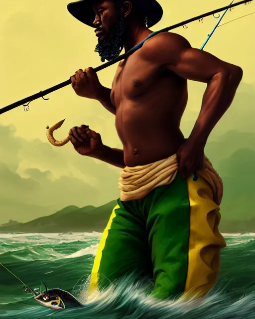 Prompt: fisherman, male, athletic, Jamaican, wide angle, master of the sea, magical fishing rod weapon, D&D, fantasy, jamaican colors yellow green black red, intricate, elegant, highly detailed, digital painting, artstation, octane render, concept art, matte, sharp focus, illustration, hearthstone, art by Artgerm and Greg Rutkowski and Alphonse Mucha