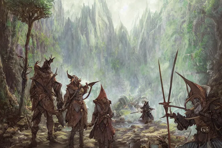 Image similar to dungeons and dragons fantasy painting, mice ranger archers emerge from the forest, longbows, hooded cloaks, whimsical and cute, determined expressions, watery eyes, anime inspired by krenz cushart, brown fur, tufty whiskers, feathered arrows, bamboo forest river shore, dawn lighting, by brian froud jessica rossier and greg rutkowski