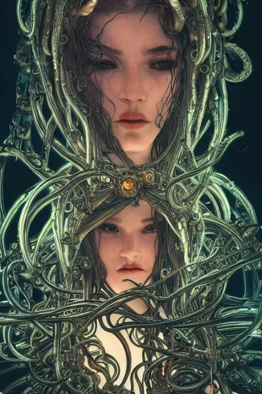 Image similar to Cyberpunk medusa, dark atmosphere, cinematic shot, intricate, ornate, photorealistic, ultra detailed, realistic, 35mm, photography, neon, octane, high definition, depth of field, bokeh, 8k, artstation, ((alphonse mucha)), hr giger