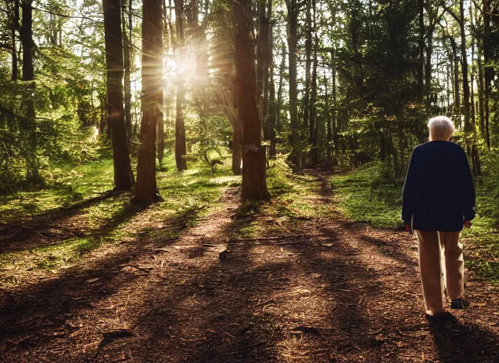 Image similar to a 3 5 mm photo from the back of a senior citizen walking in the woods, splash art, movie still, bokeh, canon 5 0 mm, cinematic lighting, dramatic, film, photography, golden hour, depth of field, award - winning, anamorphic lens flare, 8 k, hyper detailed, 3 5 mm film grain