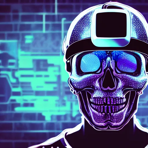 Image similar to a skull with a vr headset in a cyberpunk aesthetic, 4 k, with the exact words pixel written on the headset