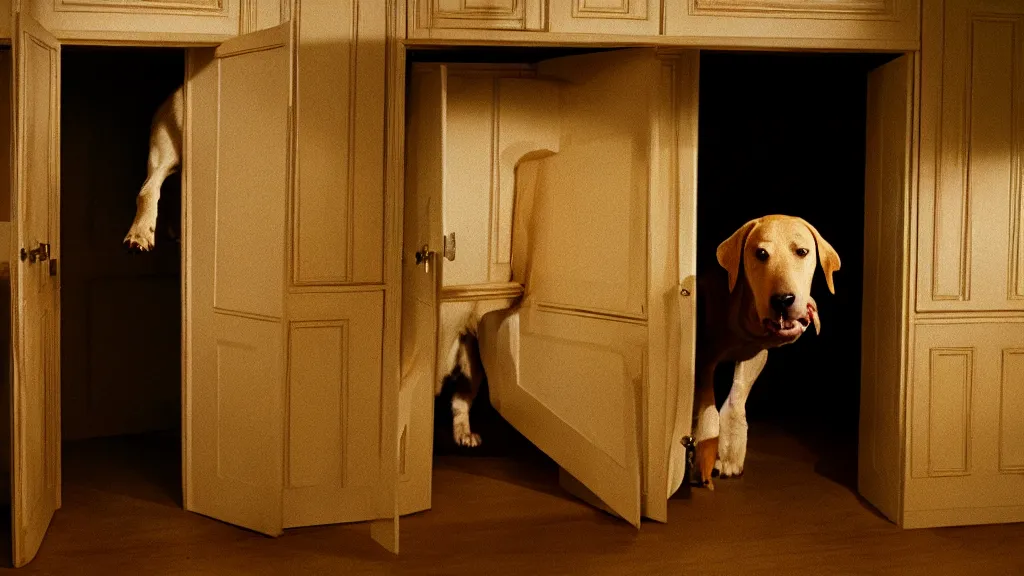 Image similar to giant dog in the cupboard, film still from the movie directed by Denis Villeneuve with art direction by Salvador Dalí, wide lens