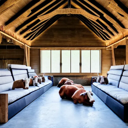 Image similar to interior view of modern futuristic farm barn architecture and interior design showing cows laying down on sofas and pigs and chickens sitting in lounge chairs, wall art, throw pillows, areas rugs, feed troughs, hay, detailed luminescent oil painting 4 k