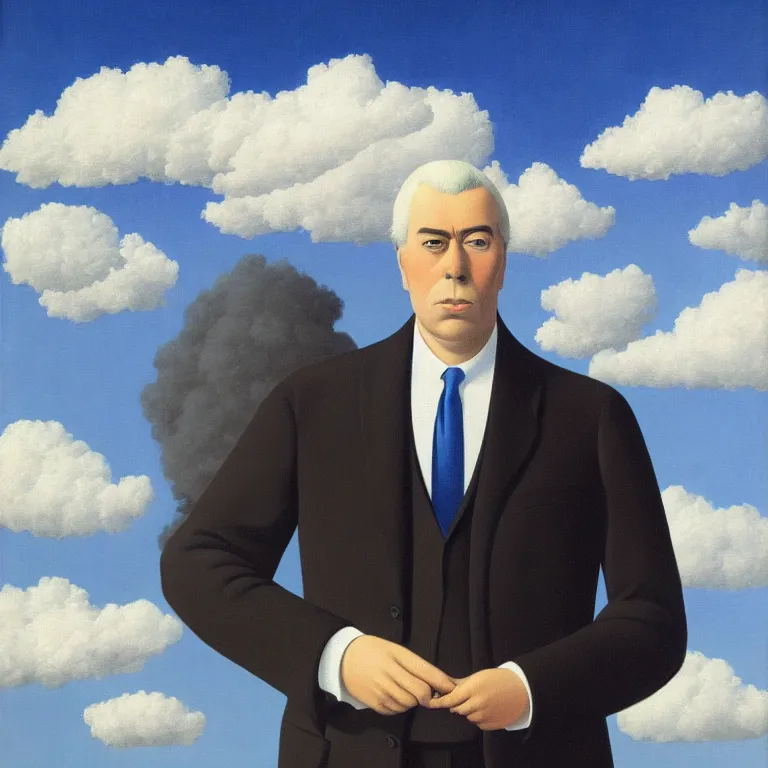 Prompt: portrait of a chrome - faced man in a suit, clouds in the background, by rene magritte, detailed painting, distance, centered, hd, hq, high resolution, high detail, 4 k, 8 k
