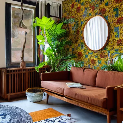 Prompt: living room interior design with assamese traditional gamosa texture, mekhela sador motif design pattern walls, teak table, japandi, ikea, sunny, warm wood, urban jungle plants, small kitchen table, danish chairs, round mirror on the wall, light - brown wall, mid - century sofa