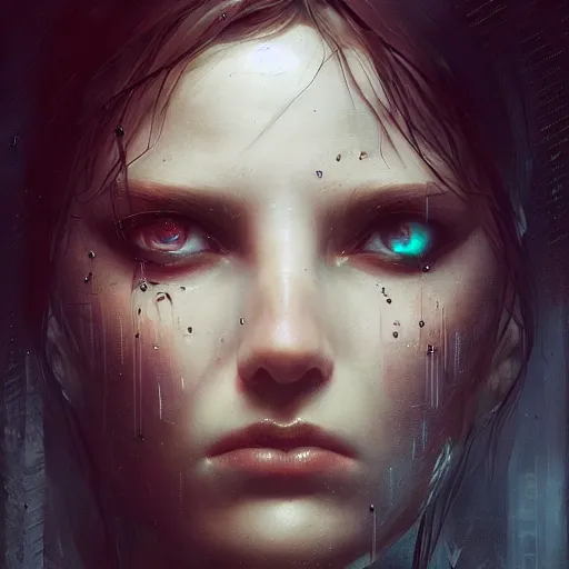 Prompt: portrait of a young beautiful woman, reflecting eyes, cyberpunk, high detail, dramatic light, digital art, dark, painted by seb mckinnon and greg rutkowski, trending on artstation