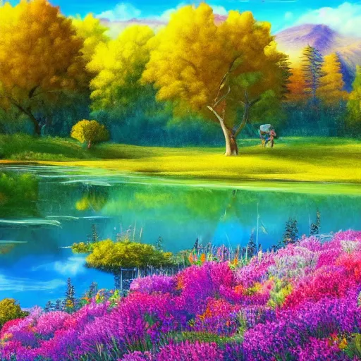 Image similar to meadow with colorful flowers and lake detailed airbrushed magical realism landscape painting 4 k