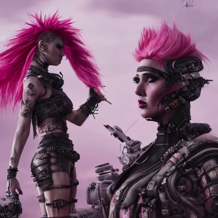 Image similar to beautiful apocalyptic woman with pink Mohawk, standing on mad max panzer tank, 4k ultra hd, fantasy dark art, tank girl, artgerm, artstation, octane render, elegant, detailed digital painting