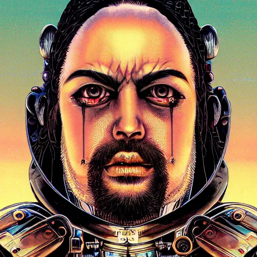 Prompt: portrait closeup of crazy robotic post malone, symmetrical, by yoichi hatakenaka, masamune shirow, josan gonzales and dan mumford, ayami kojima, takato yamamoto, barclay shaw, karol bak, yukito kishiro