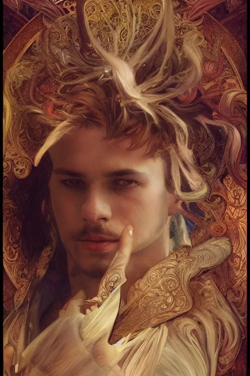 Prompt: young male magician, golden hair, 1920, fantasy, intricate, highly detailed, digital painting, artstation, concept art, smooth, sharp focus, art by Artem Demura and Alphonse Mucha, ArtGerm, Valentina Remenar, Gaston Bussiere, Cedric Peyravernay