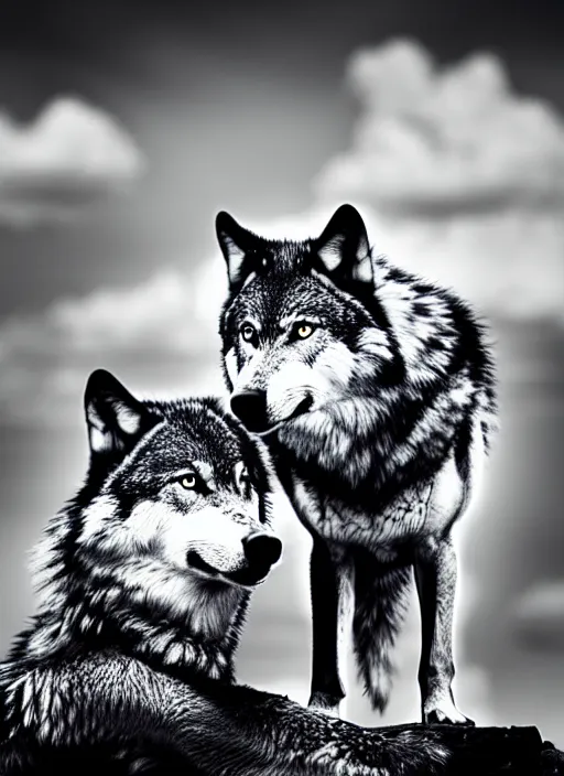 Image similar to two wolves black and white portrait white sky in background