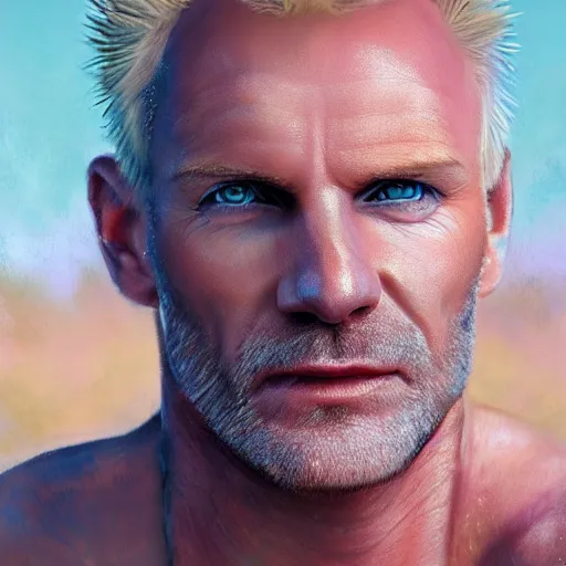 Image similar to very beautiful pastel art of Sting from The Police, full body, spiky blonde hair, blue eyes, full round face, handsome jaw, hairy arms, serene beach setting, cinematic lightning, arms facing the viewer, medium shot, mid-shot, highly detailed, trending on artstation, Unreal Engine 4k, cinematic wallpaper by Stanley Artgerm Lau, WLOP, Rossdraws, James Jean, Andrei Riabovitchev, Marc Simonetti, and Sakimichan-C 9.0