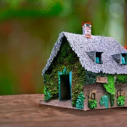 Prompt: A realistic photo of a house in the forest made out of glue