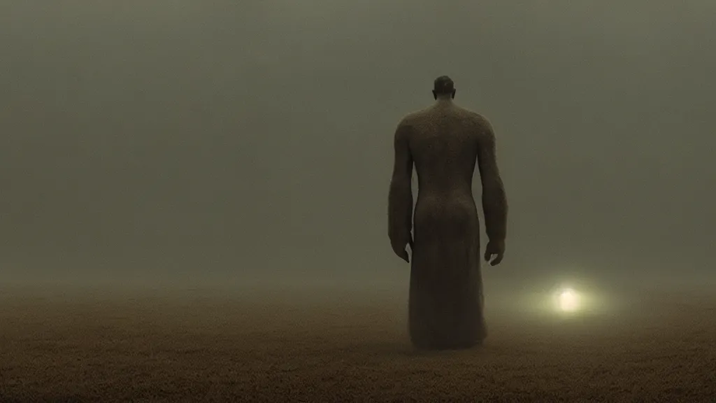 Image similar to a giant creature stalks us at night, film still from the movie directed by Denis Villeneuve with art direction by Zdzisław Beksiński, wide lens