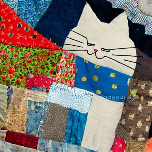 Prompt: a sleeping cat made of patchwork fabrics