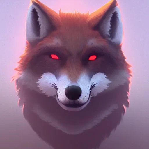 Image similar to character design, anthropomorphic wolf wearing fox mask, in the style of killian eng kawase hasui, artstation trending, 8 k, photorealistic, volumetric lighting caustics, surreal