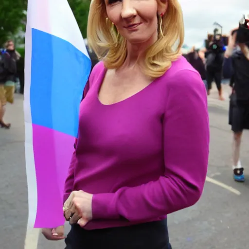 Prompt: a photo of JK Rowling holding a trans flag, flickr