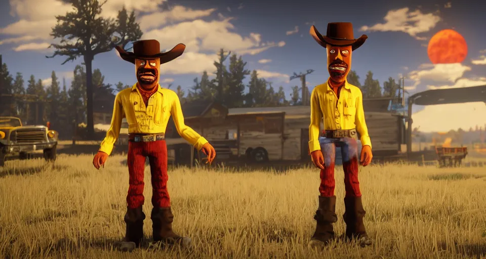 Image similar to Screenshot of Frylock from Aqua Teen Hunger Force as a 3d cowboy in full cowboy attire in the videogame 'Red Dead Redemption 2'. Sharpened. 1080p. High-res. Ultra graphical settings.