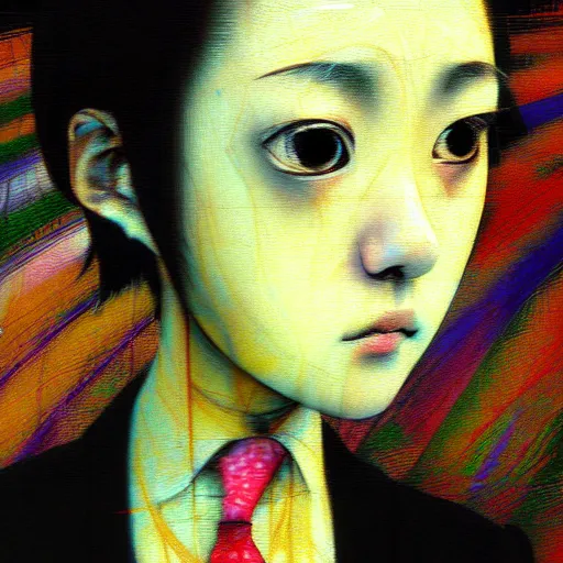 Image similar to yoshitaka amano blurred and dreamy realistic three quarter angle portrait of a young woman with short hair and black eyes wearing office suit with tie, junji ito abstract patterns in the background, satoshi kon anime, noisy film grain effect, highly detailed, renaissance oil painting, weird portrait angle, blurred lost edges