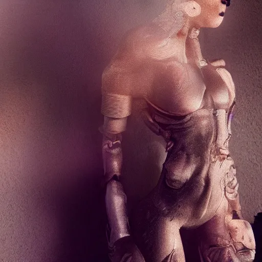 Image similar to photographic stil of beautiful model, a human robot woman, beautiful artificial body with artificial bones and artificial flesh, cables, tubes, westworld style, medium - shot, insanely detailed, photorealistic, beautiful soft light, octane render, by annie leibowtiz