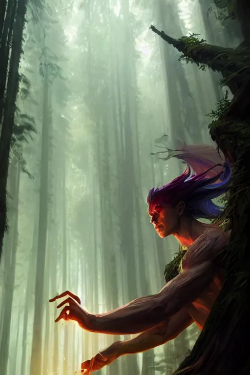 Image similar to a human elemental sorcerer, forest setting, colorful magic, male, white skin, young, sharp focus, concept art, dynamic lighting, unreal engine, by greg rutkowski 0. 5, emylie boivin 2. 0, kyle herring 1. 0