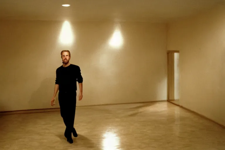 Image similar to 2 0 0 0 s footage of ryan gosling standing in a dimly lit empty room