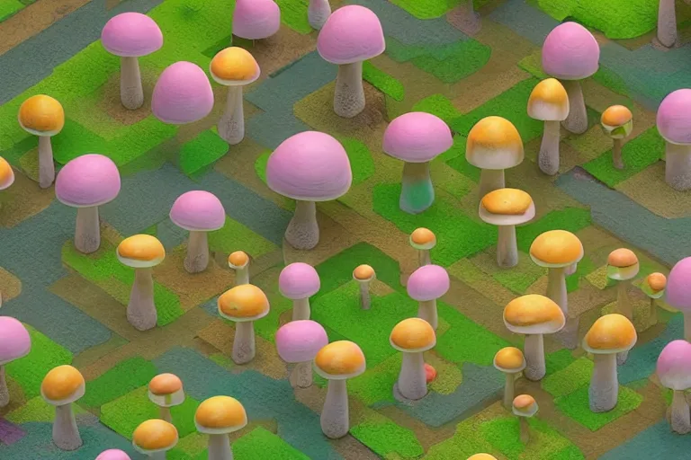 Prompt: Isometric mushroom forest, pastel colors, highly detailed, octane render, psychedelic, trending on artstation