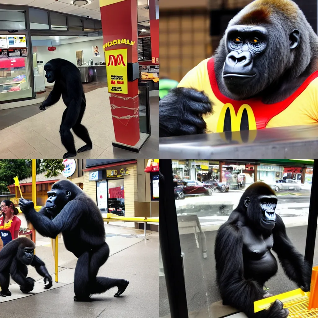 Prompt: a gorilla working at mcdonald's