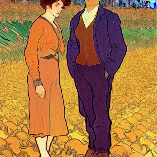 Prompt: painting of handsome young delicate beautiful jeffrey in his 2 0 s with brown hair and gorgeous rina together at the pumpkin patch in october, elegant, clear, painting, stylized, art, art by alphonse mucha, vincent van gogh, egon schiele,