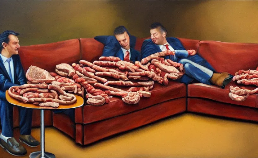 Image similar to realistic painting of couch made out of meat, business men sitting on couch made out of meat and talking, meat couch, meat couch,