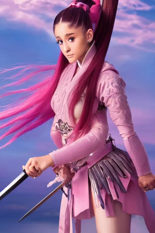 Image similar to highly detailed beautiful photo of a ariana grande as a young female samurai, practising sword stances, symmetrical face, beautiful eyes, pink hair, realistic anime art style, 8 k, award winning photo, pastels colours, action photography, 1 / 1 2 5 shutter speed, sunrise lighting